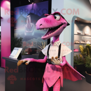 Pink Dimorphodon mascot costume character dressed with a Shift Dress and Ties