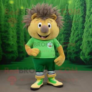 Green Porcupine mascot costume character dressed with a Corduroy Pants and Shoe laces