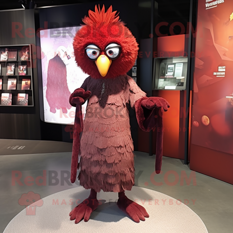 Maroon Harpy mascot costume character dressed with a Jumpsuit and Clutch bags