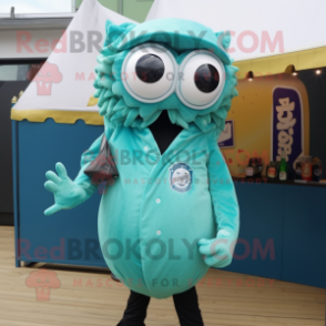 Cyan Fried Calamari mascot costume character dressed with a Leather Jacket and Eyeglasses