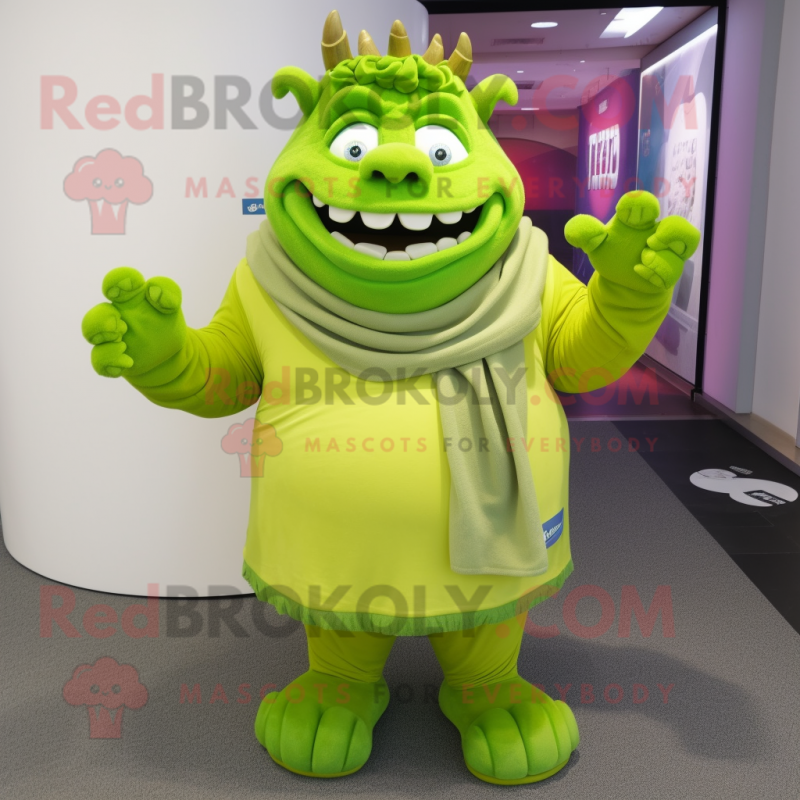 Lime Green Ogre mascot costume character dressed with a Coat and Scarf clips