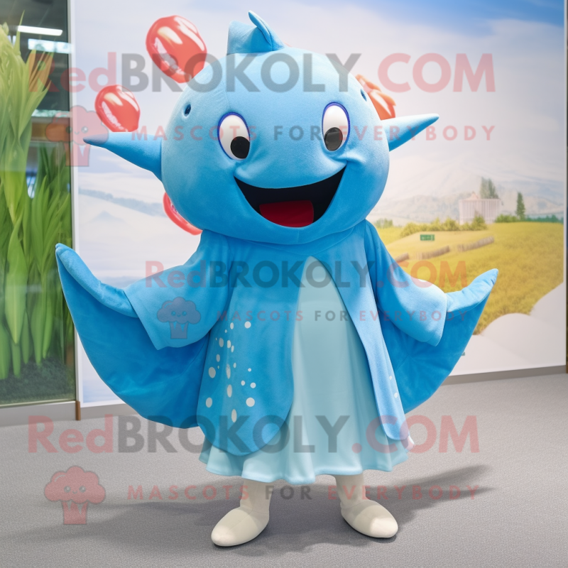 Sky Blue Stingray mascot costume character dressed with a Cardigan and Cummerbunds