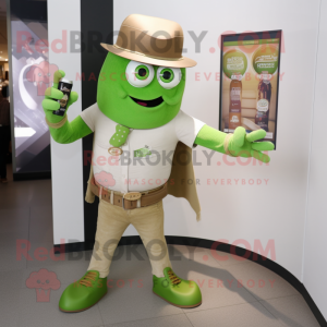 Tan Green Beer mascot costume character dressed with a Flare Jeans and Smartwatches