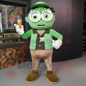 Tan Green Beer mascot costume character dressed with a Flare Jeans and Smartwatches