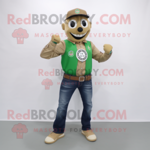 Tan Green Beer mascot costume character dressed with a Flare Jeans and Smartwatches