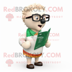 Beige Irish Flag mascot costume character dressed with a Graphic Tee and Reading glasses