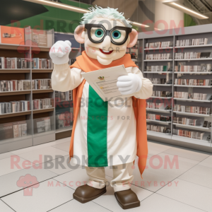 Beige Irish Flag mascot costume character dressed with a Graphic Tee and Reading glasses