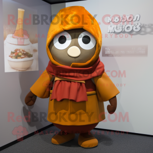 Rust Miso Soup mascot costume character dressed with a Parka and Shawl pins