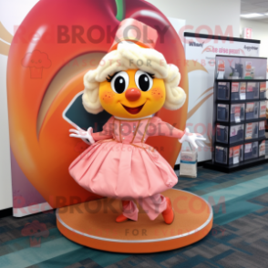 Peach Contortionist mascot costume character dressed with a Dress and Briefcases
