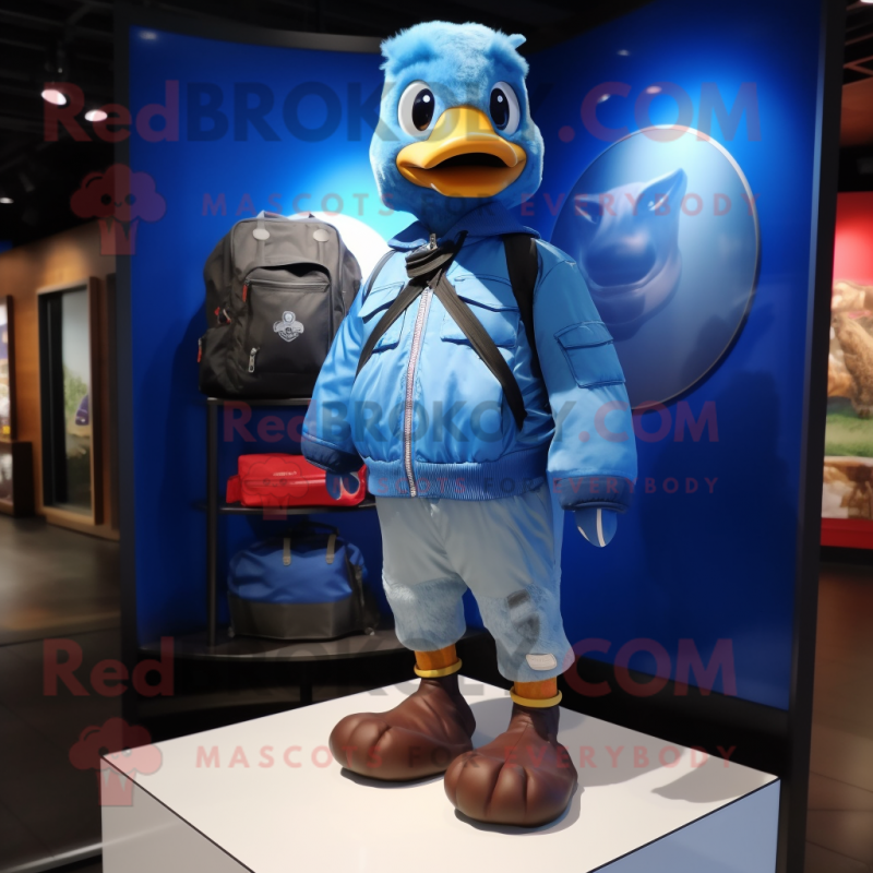 Blue Gosling mascot costume character dressed with a Bomber Jacket and Backpacks