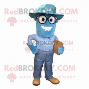 Cyan Aglet mascot costume character dressed with a Chambray Shirt and Reading glasses