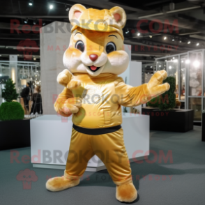Gold Squirrel mascot costume character dressed with a Overalls and Scarves