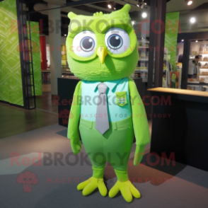 Lime Green Owl mascot costume character dressed with a Button-Up Shirt and Ties