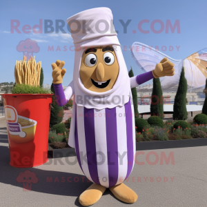 Lavender French Fries mascot costume character dressed with a Capri Pants and Wraps