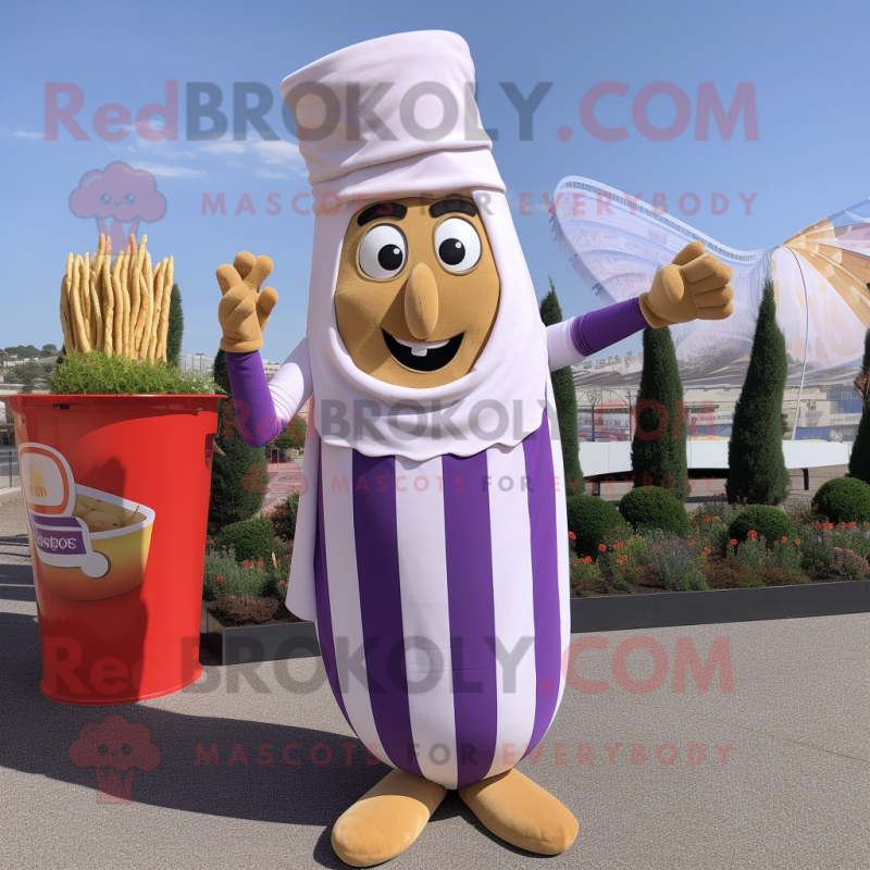 Lavender French Fries mascot costume character dressed with a Capri Pants and Wraps