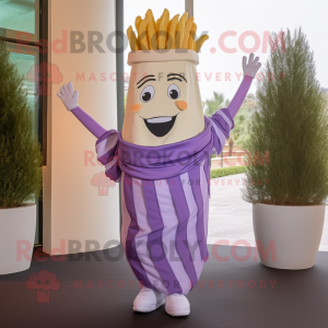 Lavender French Fries mascot costume character dressed with a Capri Pants and Wraps