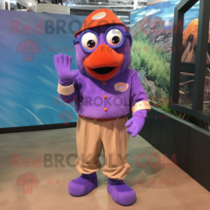 Purple Clown Fish mascot costume character dressed with a Button-Up Shirt and Eyeglasses