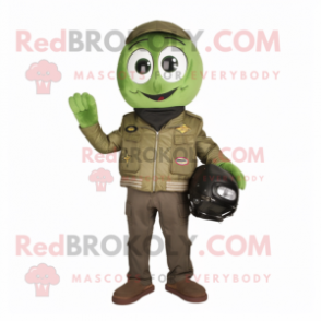 Olive Green Bean mascot costume character dressed with a Moto Jacket and Messenger bags