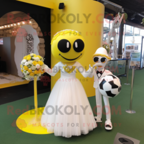 Yellow Soccer Ball mascot costume character dressed with a Wedding Dress and Keychains