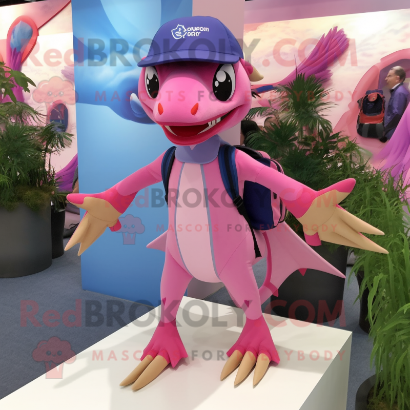 Pink Dimorphodon mascot costume character dressed with a Midi Dress and Backpacks