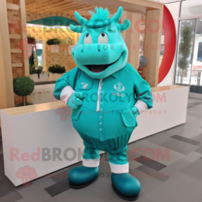 Turquoise Beef Wellington mascot costume character dressed with a Windbreaker and Brooches