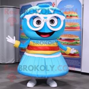 Sky Blue Hamburger mascot costume character dressed with a Circle Skirt and Reading glasses