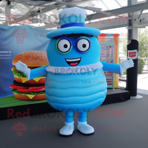 Sky Blue Hamburger mascot costume character dressed with a Circle Skirt and Reading glasses