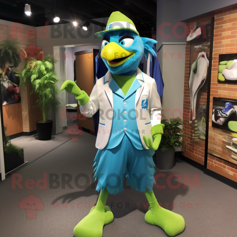 Lime Green Blue Jay mascot costume character dressed with a A-Line Dress and Pocket squares