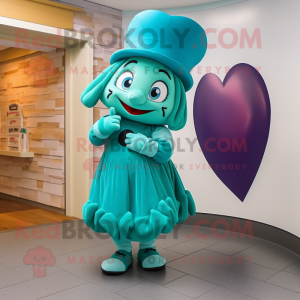 Teal Heart mascot costume character dressed with a Wrap Skirt and Berets