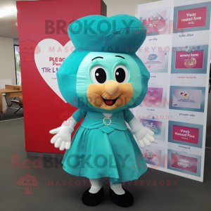 Teal Heart mascot costume character dressed with a Wrap Skirt and Berets
