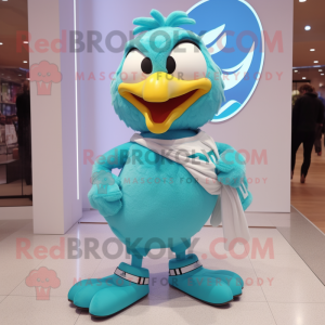 Cyan Eagle mascot costume character dressed with a Wrap Skirt and Shoe laces