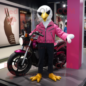 Magenta Seagull mascot costume character dressed with a Biker Jacket and Watches