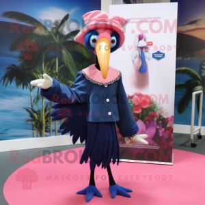 Navy Flamingo mascot costume character dressed with a Blouse and Shoe clips