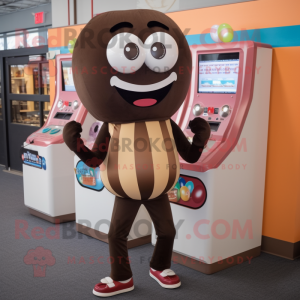 Brown Gumball Machine mascot costume character dressed with a Yoga Pants and Tie pins