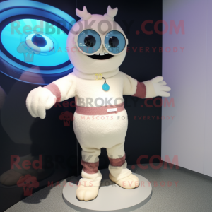 Cream Cyclops mascot costume character dressed with a Sweater and Bracelet watches