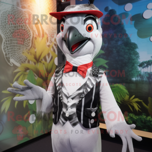 Silver Woodpecker mascot costume character dressed with a Suit and Suspenders