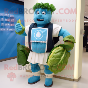 Cyan Caesar Salad mascot costume character dressed with a Rugby Shirt and Backpacks