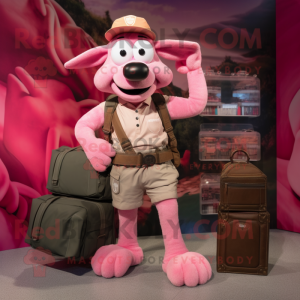 Pink Moussaka mascot costume character dressed with a Cargo Shorts and Handbags