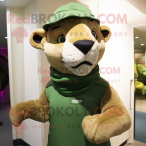 Green Mountain Lion mascot costume character dressed with a Turtleneck and Hats