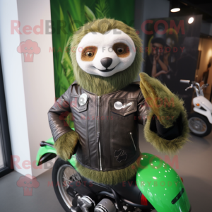Green Sloth mascot costume character dressed with a Biker Jacket and Lapel pins