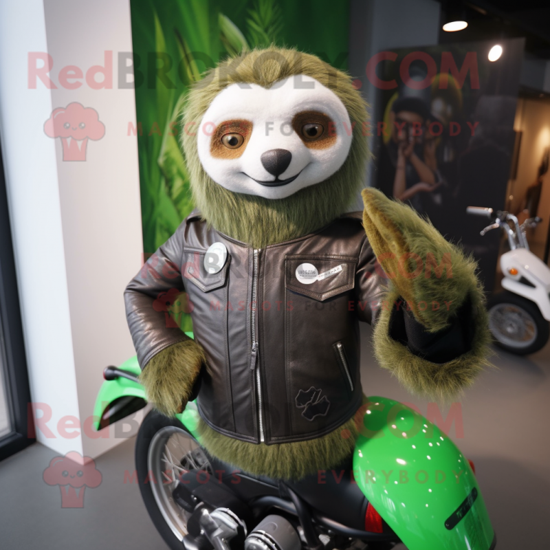 Green Sloth mascot costume character dressed with a Biker Jacket and Lapel pins