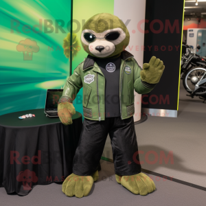 Green Sloth mascot costume character dressed with a Biker Jacket and Lapel pins