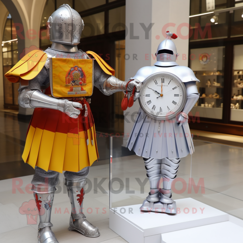 Silver Swiss Guard mascot costume character dressed with a Wedding Dress and Digital watches