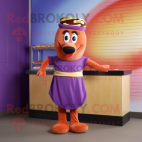 Purple Hot Dog mascot costume character dressed with a Wrap Skirt and Headbands