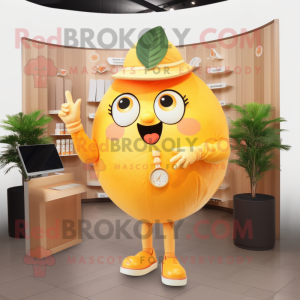 Gold Grapefruit mascot costume character dressed with a Blouse and Watches