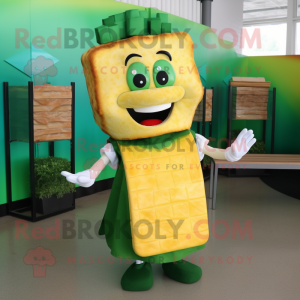 Green Grilled Cheese Sandwich mascot costume character dressed with a Wrap Skirt and Earrings