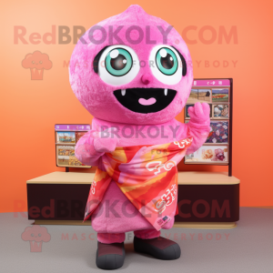 Pink Sushi mascot costume character dressed with a Flannel Shirt and Shawls