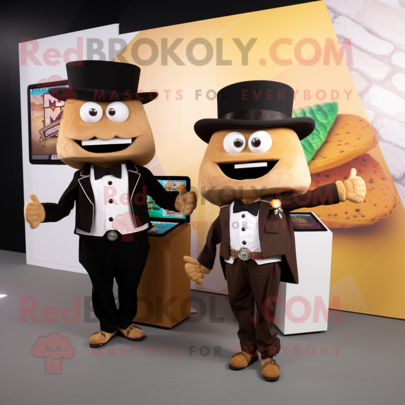 Brown Tacos mascot costume character dressed with a Tuxedo and Digital watches