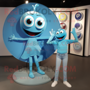 Cyan Plate Spinner mascot costume character dressed with a Mom Jeans and Clutch bags