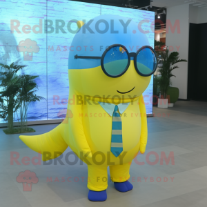 Lemon Yellow Blue Whale mascot costume character dressed with a Dress Shirt and Eyeglasses